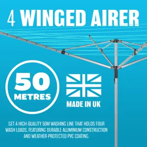 Outdoor 50 Metre Clothes Airer - 4 Arm Rotary Garden Washing Line Dryer 50M Folding Home