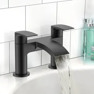 Black Matt Waterfall Basin & Bath Filler Tap Lever Square Deck Mounted Modern Inc. Bath Waste