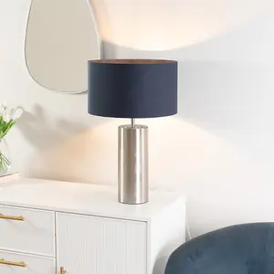 ValueLights Lexy Brushed Chrome Touch Table Lamp with Navy Blue Drum Shade