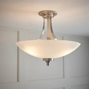 Anson Lighting Ellscott 3lt Flush light finished in Satin chrome plate and white glass