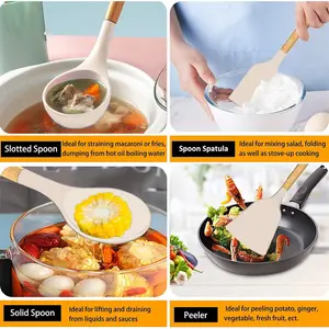 Kitchen Utensil Set Silicone Cooking Utensils Heat Resistant Nonstick Kitchen Tools With Hooks, Silicone Kitchen Gadgets With Wooden Handle, Turner Tongs Spatula Spoon Cooking Tools Khaki