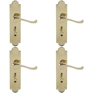 4 PACK - Victorian Bathroom Latch Door Handle - Polished Brass Lever On Shaped Backplate