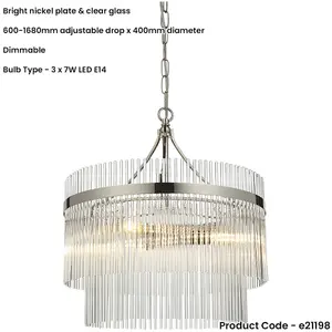 Multi Arm Hanging Ceiling Pendant Light - Bright Nickel Plate & Clear Glass - 3 X 7W LED E14