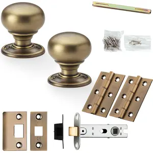 Mortice Door Knob & Latch Pack - Antique Brass - 41mm Smooth Mushroom On Round Rose