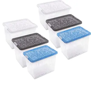 Set of 9 33 Litre Elegant Jasmine Leaves Strong Stackable Plastic Storage Boxes Complete With Clip Locked Lids