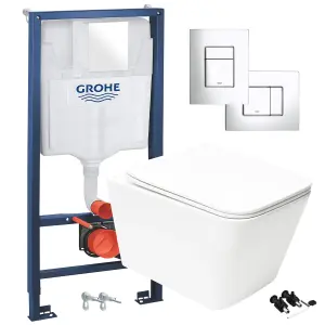 Square Gloss White Hidden Fixation Rimless Wall Hung Toilet Pan & GROHE 1.13m Concealed WC Cistern Frame