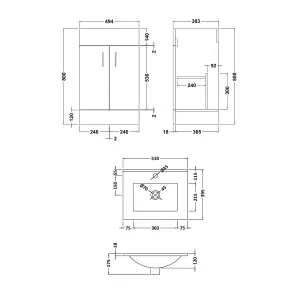 600mm Bathroom Vanity Unit White Cloakroom Two Door Basin Sink Cabinet with Black Handles & Matt Black Tap Set