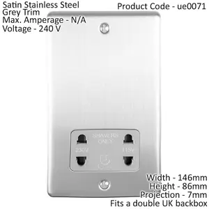 230v & 115v Shaver Twin Socket Wall Plate SATIN STEEL & Grey Trim 86mm x 146mm