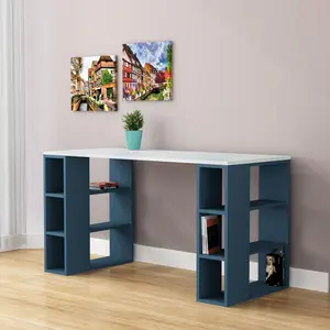 Simone Modern Desk with Built-in Bookcase – Stylish Workspace Desk with 6 Open Shelves Turquoise / White