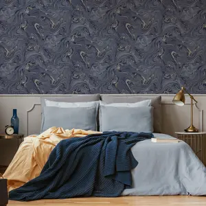 Fresco Liquid Marble Navy & Gold Wallpaper