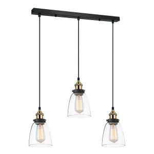 Luminosa Industrial And Retro Hanging Pendant Black, Gold 3 Light  with Clear Shade, E27 Dimmable