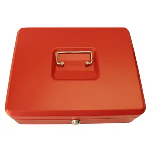 Lockable 12" Steel Cash Box - Money Organiser Safe with Note & Coin Tray, Cylinder Lock & Carry Handle - H9 x W30 x D24cm, Red