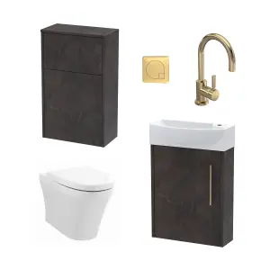 Power Cloakroom Bundle - Left Wall Hung Vanity Unit, Concealed Cistern WC Unit, Toilet & Tap, 440mm - Slate/Brass - Balterley