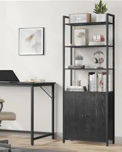 VASAGLE Bookcase with Door, 6-Tier Tall Shelf, Metal Frame, Adjustable Shelves, for Bedroom & Living Room, Ebony Black & Ink Black