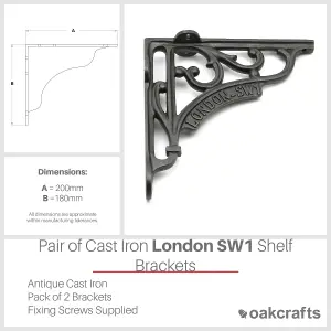 Oakcrafts - Pair of Antique Cast Iron London SW1 Shelf Brackets - 200mm x 180mm