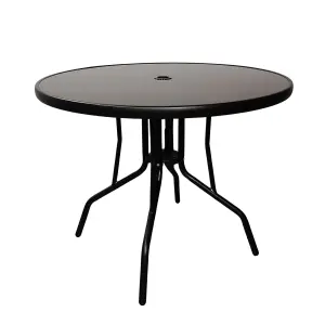 4 Person Round Black Garden Patio Table with Glass Top & Parasol Hole