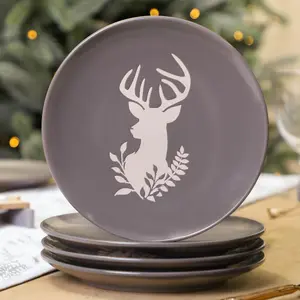 Set of 4 Grey Stag Head Christmas Dinner Plate Side Plates