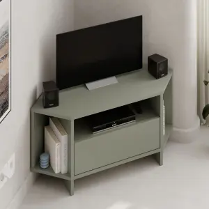 Decortie Modern Viva Corner TV Unit Shelf up to 40 Inch TVs Push to Open Storage Cabinet, 3 Open Shelf 95.7(W)cm Ash Green