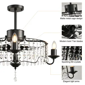 50cm Black Crystal Chandelier Ceiling Fan with Light Kit and Remote