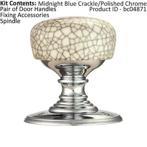 Porcelain Mushroom Door Knob - Midnight Blue Crackle & Polished Chrome