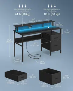 VASAGLE LED Gaming Desk with Built-In Power Outlets, Workstation with Shelf, Drawers, USB Ports, Ebony Black