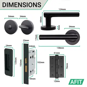 AFIT Matt Black Bathroom Door Handle Set - Thumb Turn & Release Set, Lock & Hinges (76mm) Olvera Range