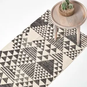 Homescapes Delphi Black and White Geometric Style 100% Cotton Printed Rug, 66 x 200 cm