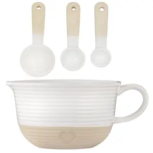 Mason Cash Rustic Charm Set of 3 Measuring Spoons & 1 Batter Bowl 26cm - Cream