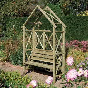 Rowlinson Rustic Wooden Garden Arch & Seat Pergola Plant Support