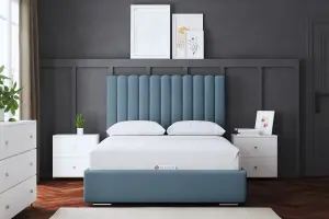 Evangeline Blue Upholstered Panel Bed with Headboard and Ottoman Storage Small Double