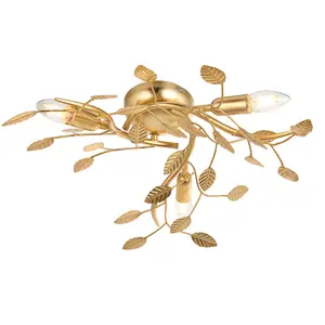 Gold Leaf Flush Ceiling Light - 3 Bulb Decorative Fitting - Low Profile Lighting