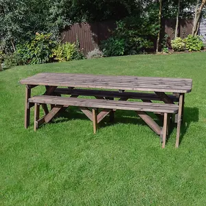 Oakham 8ft Rounded Picnic Table and Bench Set - L244 x W91 x H72 cm - Rustic Brown