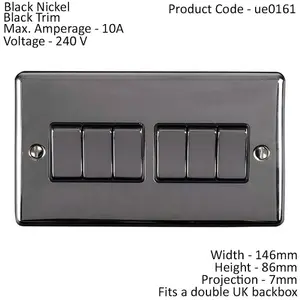 6 Gang Multi Light Switch BLACK NICKEL 2 Way 10A Black Trim & Metal Rocker