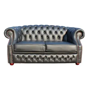 Chesterfield 2 Seater Shelly Black Real Leather Sofa Bespoke In Buckingham Style