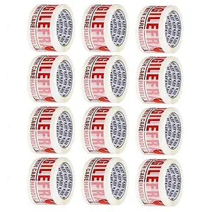 KAV Fragile Packing Tape - Super Strong and Low Noise Fragile Tape for Boxes - Packaging Tape with Fragile Print, 48mm x 66m (12)