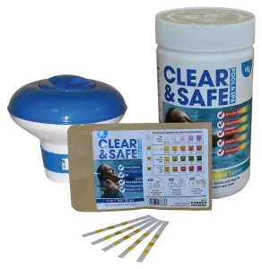 Clear & Safe 50x20g Chlorine Tablets Pool Hot Tub Spa + Dispenser + Testing strips