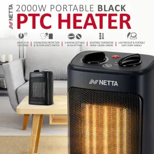 NETTA 2000W Ceramic Fan Heater 3 Heat Settings Overheat Protection - Black