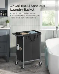 SONGMICS Laundry Cart with Wheels, Dual-Section Laundry Bin, Large Capacity, Detachable Liner, Spacious, Ink Black