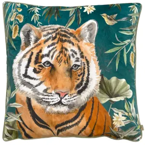 Wylder Orient Tiger Head Digitally Printed Piped Velvet Feather Rich Cushion