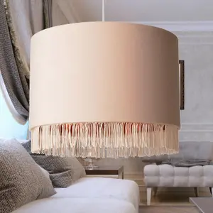 First Choice Lighting Set of 2 Blush Pink Velvet With Copper Inner Tassled Light Shades