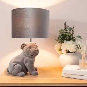 ValueLights Grey Velvet Bulldog Bedside Table Lamp with a Drum Lampshade Animal Bedroom Light