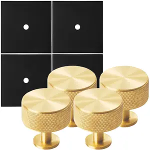 4 PACK - Cabinet Door Knob & Contrasting Backplate Set - Knurled Kitchen Pull - Satin Brass & Matt Black