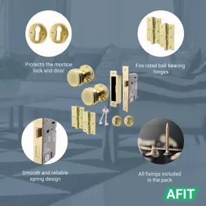 AFIT Lined Key Lock Door Knob Set Polished Brass - 1 Pair of Mortice Knobs 55mm, Sash Lock 80mm & Hinges 76mm for Internal Doors