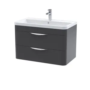 Wall Hung 2 Drawer Vanity Unit with Ceramic Basin - 800mm - Soft Black