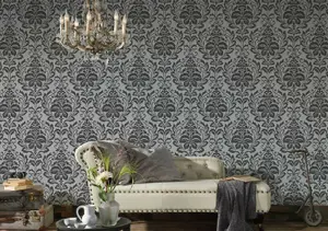 AS Creation Floral Damask Baroque Ornament Jewel Wallpaper Metallic Embossed 10m Roll Silver Black 36910-2