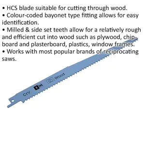 5-Pack 230mm HCS Reciprocating Saw Blades for Wood Cutting - 6 TPI