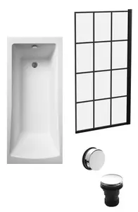 Square Single Ended Bath, Abstract Black Screen and Chrome Waste -1700x700mm