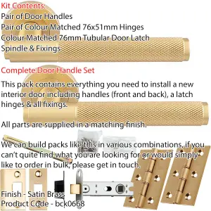 Door Handle & Latch Pack - Satin Brass - Knurled Straight Bar Lever On Round Rose