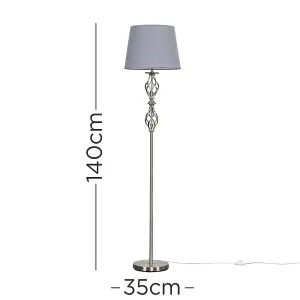 ValueLights Pembroke Traditional Style Brushed Chrome Double Twist Floor Lamp with Grey Shade