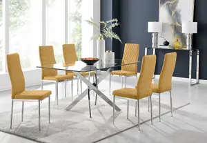 Furniturebox UK Leonardo Glass And Chrome Metal Dining Table And 6 Mustard Velvet Milan Chairs